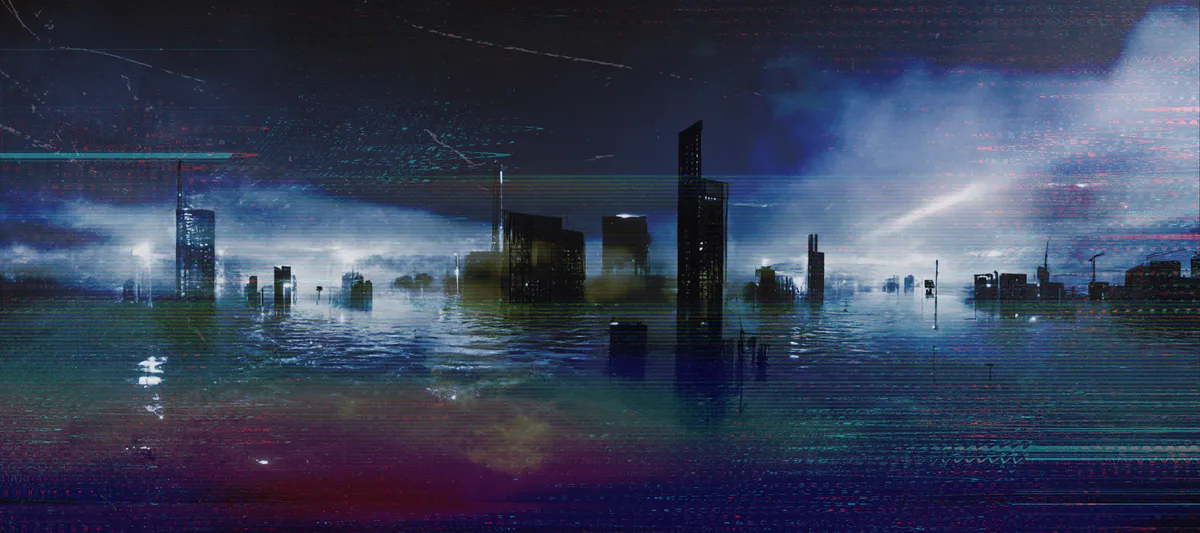 a flooded city in the fog