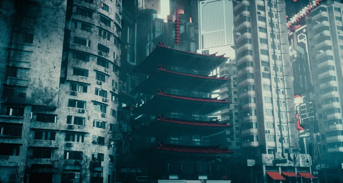 Pagoda crowded by numerous buildings