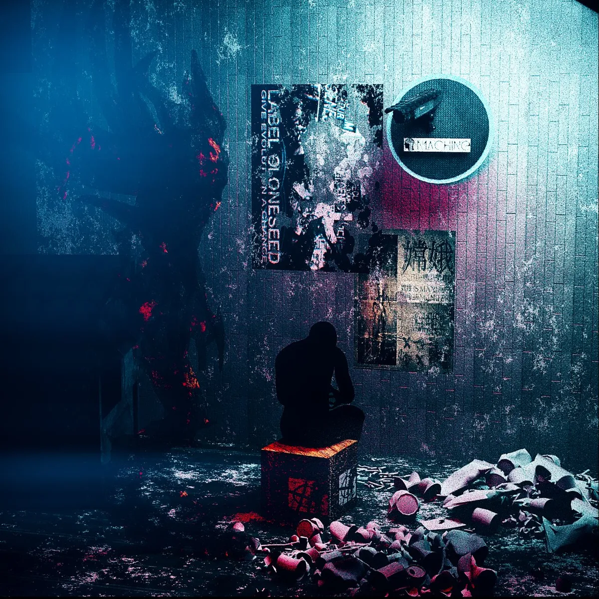 Man in an alley, a machine camera above him, the suggestion of a demon near him