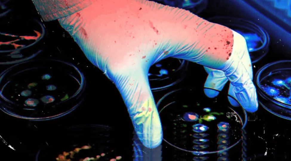 gloved hand working with lab materials