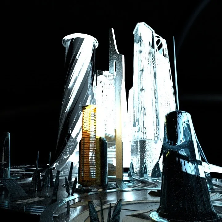 Rendered image of a futuristic city
