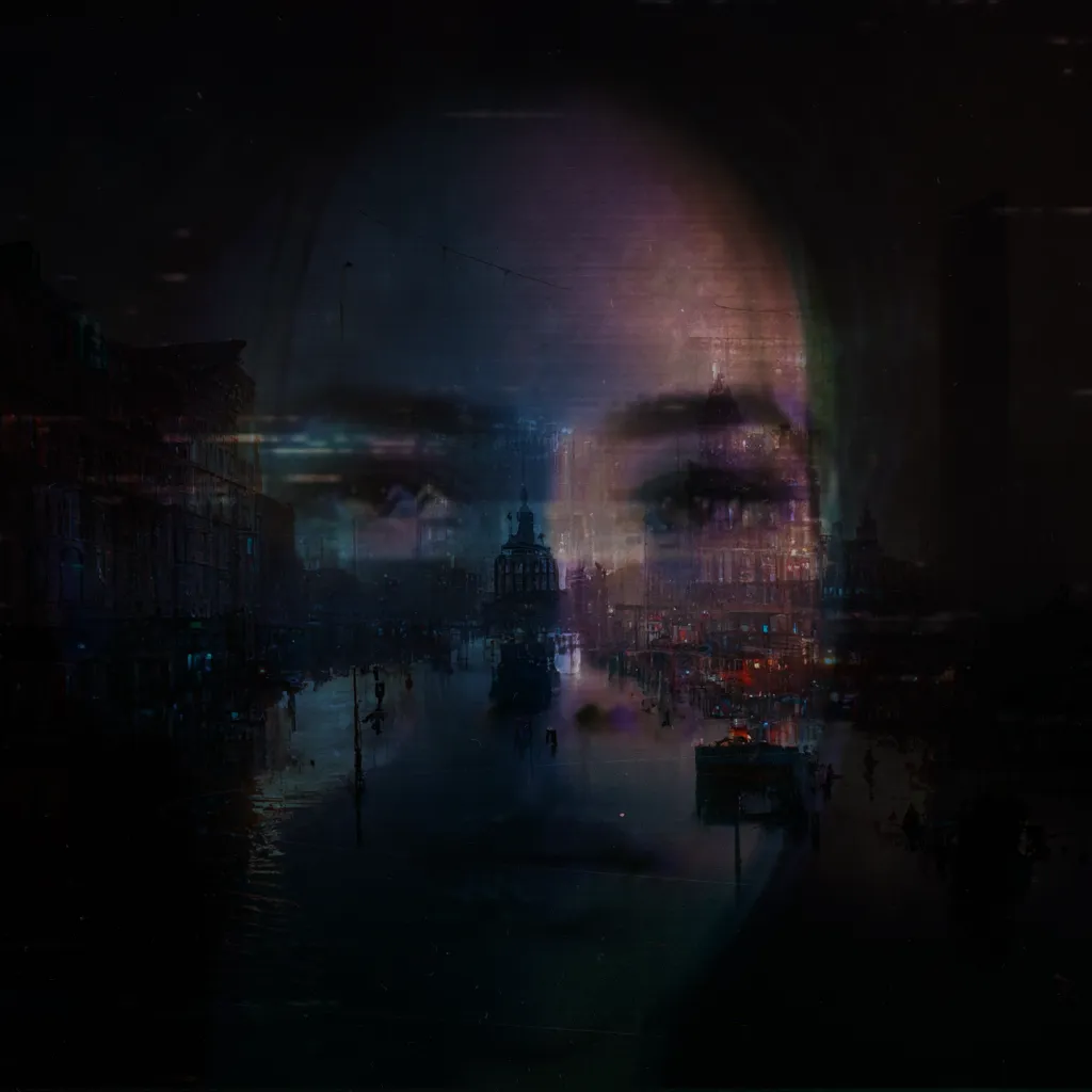 Glitched image of a woman and flooded city